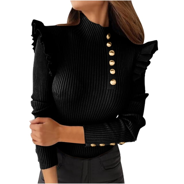 cfhntfmh Lounge Tops for Women Trendy High Neck Ruffle Long Sleeve Fall Slim Shirts Ribbed Front Buttons Trim Undershirts