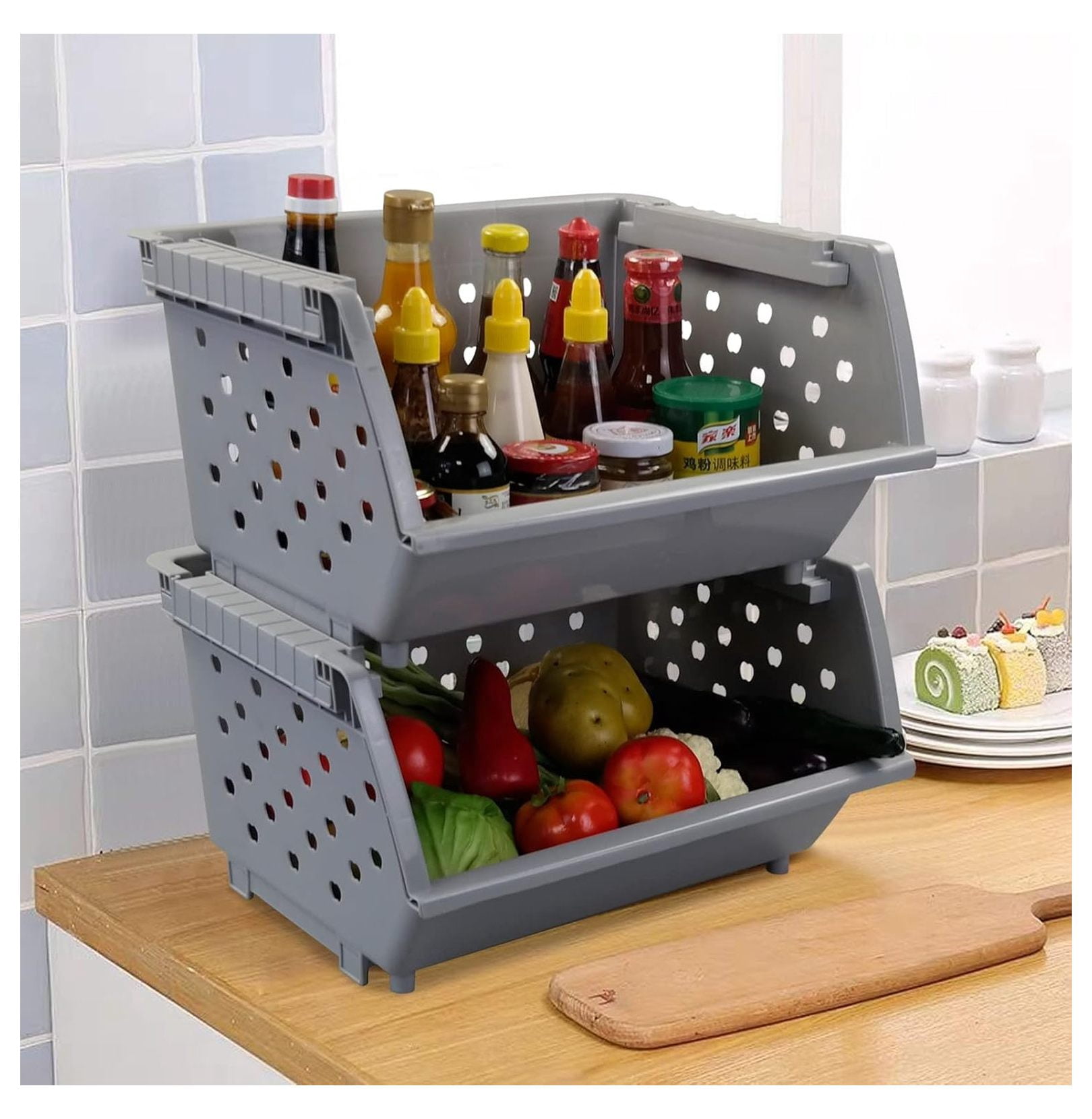 3-Pack Plastic Stackable Storage Baskets, Stacking Organizer Bins, Grey