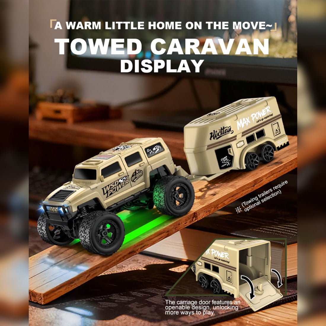 1/64 Scale 2.4G Full Proportional RC Crawler Truck with Trailer, Mini Off-Road Remote Control Car with LED Lights & Dual Velocity Mode for Adults