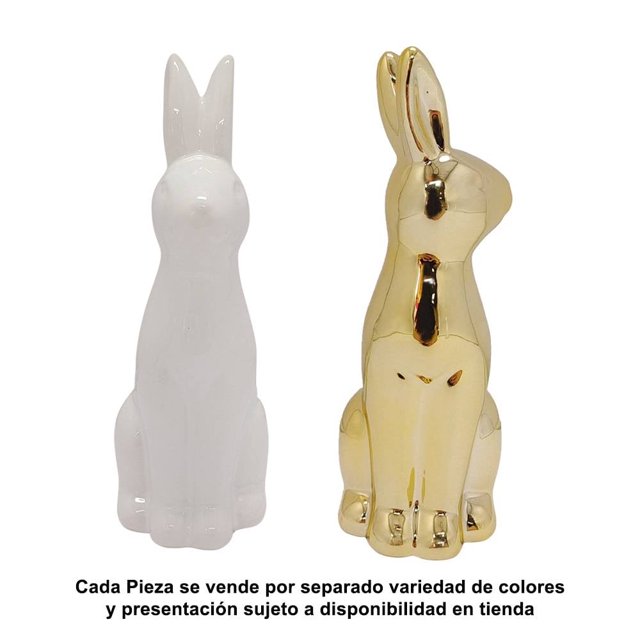 figura de conejo de pascua way to celebrate varios modelos 1 pieza Vista frontal centrada de dos figuras verticales: modelo cerámico blanco brillante y modelo dorado con acabado espejo; decoración de temporada, cada pieza se vende por separado, fondo blanco.
