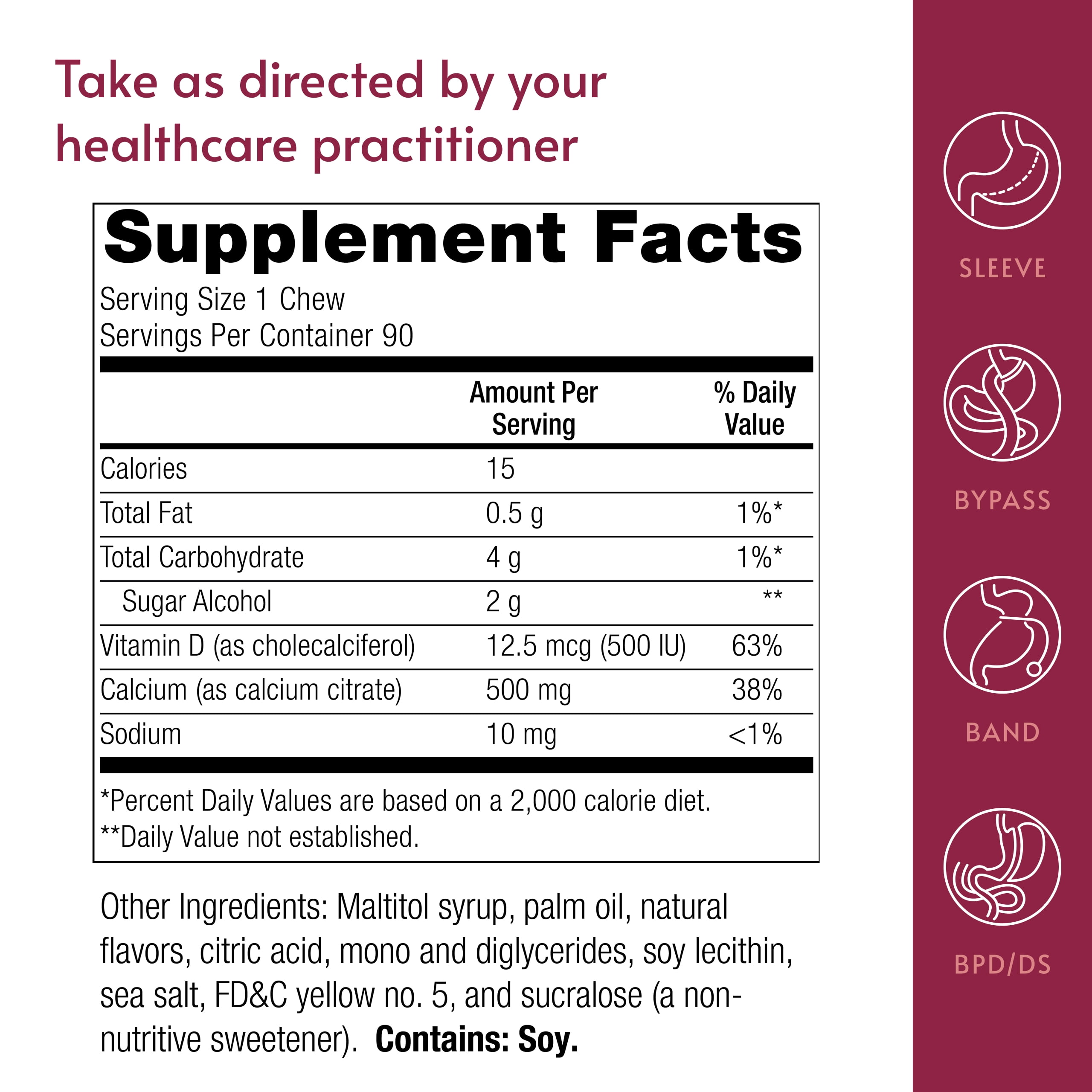 Bariatric Advantage Calcium Citrate Chewy Bites 500 mg - for Bariatric Surgery Patients - Vitamin D3 - Sugar-Free Chewable Calcium Supplement - Bariatric Chews - Pineapple Mango - 90 Count