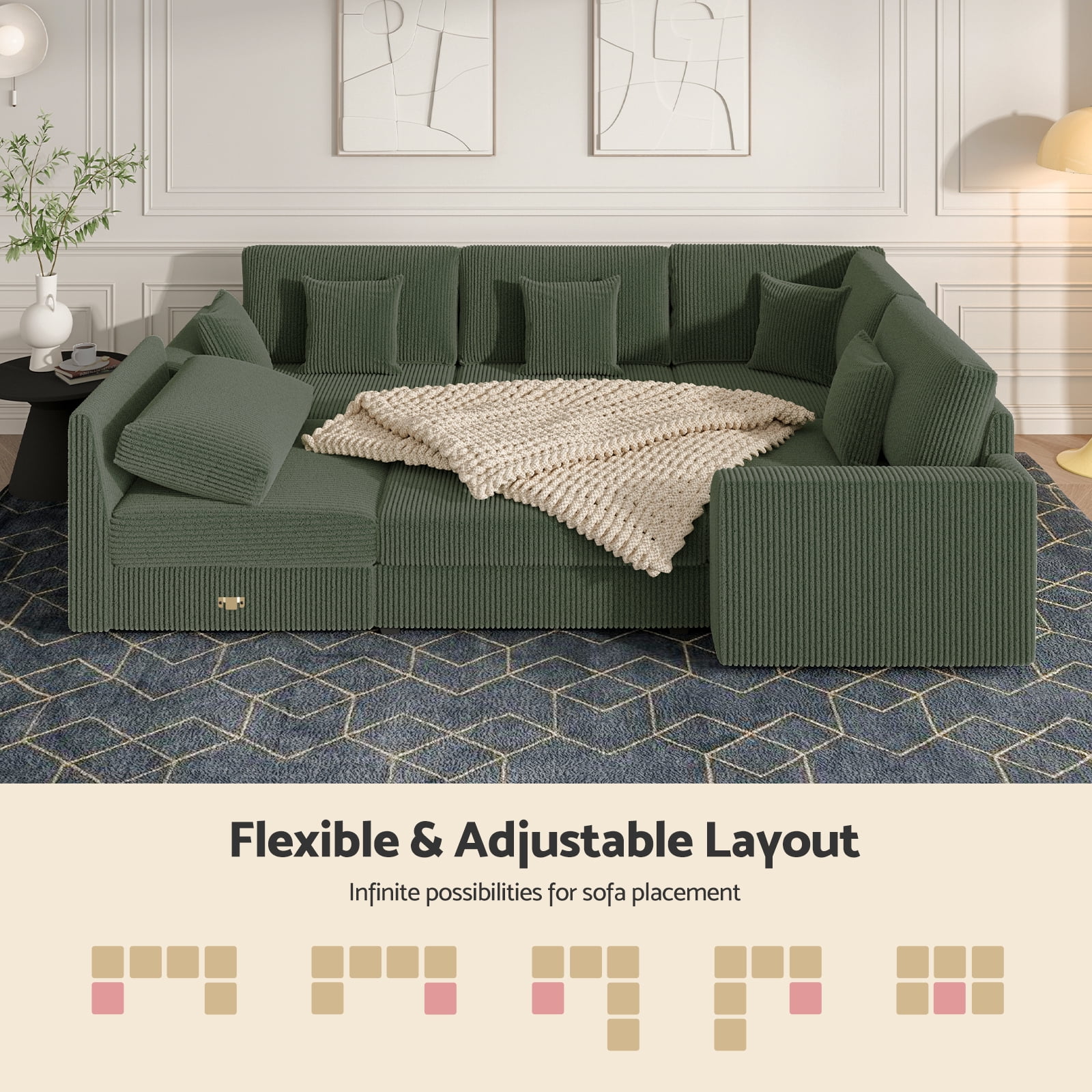 Advwin Oversized Modular Sectional Sofa with Storage Ottoman & 5 Pillows, Modern L-Shaped 6-Seater Corduroy Cloud Couch, Convertible Sleeper Sofa for Living Room, Dark Green
