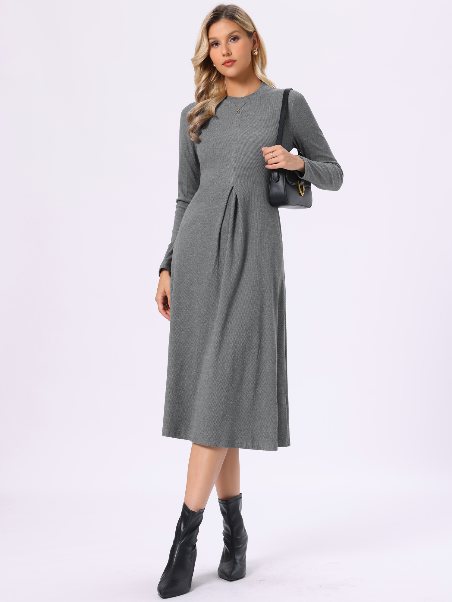 DARING DIVA Women's Ribbed Knit Long Sleeve Crew Neck with Pockets Dress S Gray