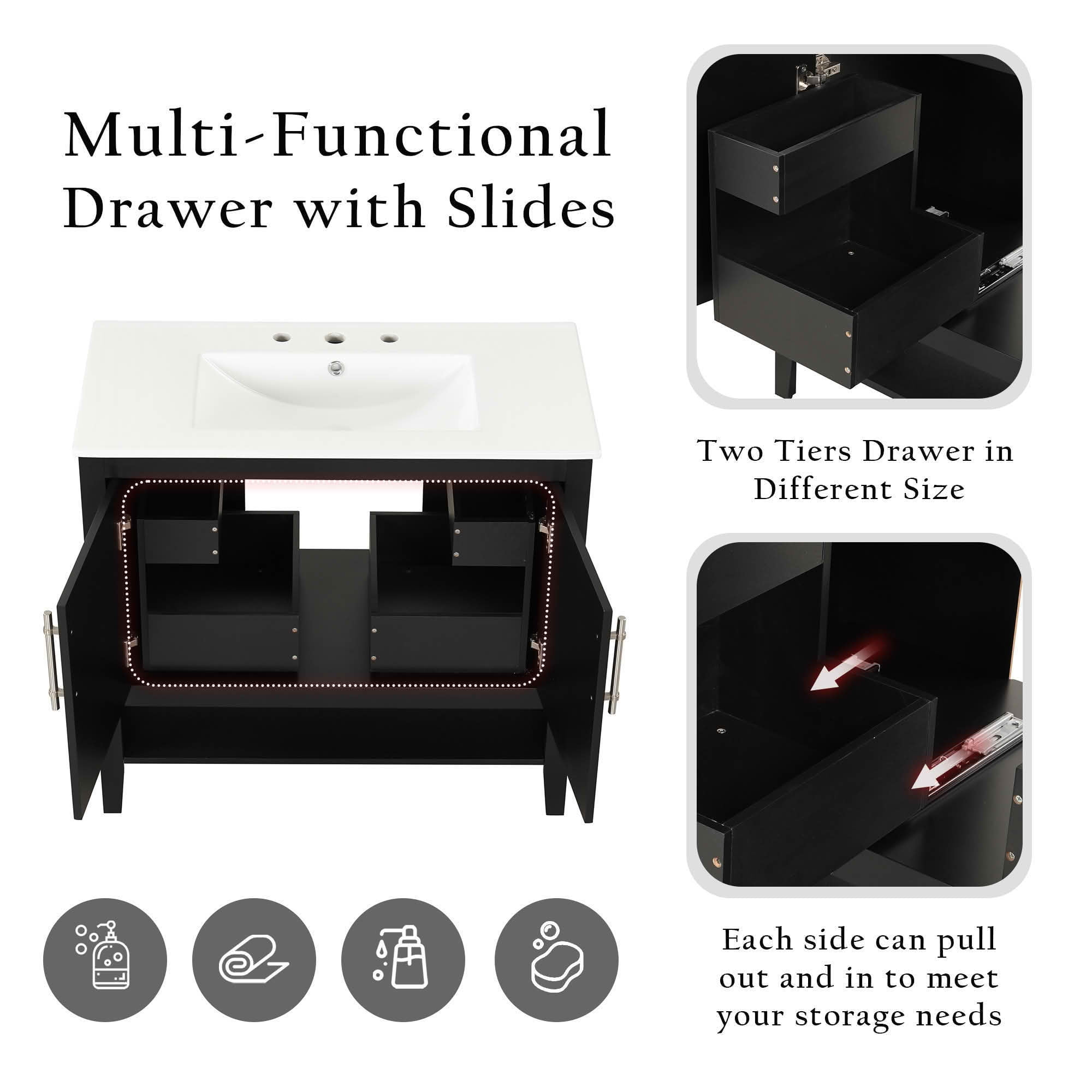 MAYEERTY 36" Bathroom Vanity with Sink, Multi-functional Cabinet with Doors Drawers, MDF Frame Board, Black