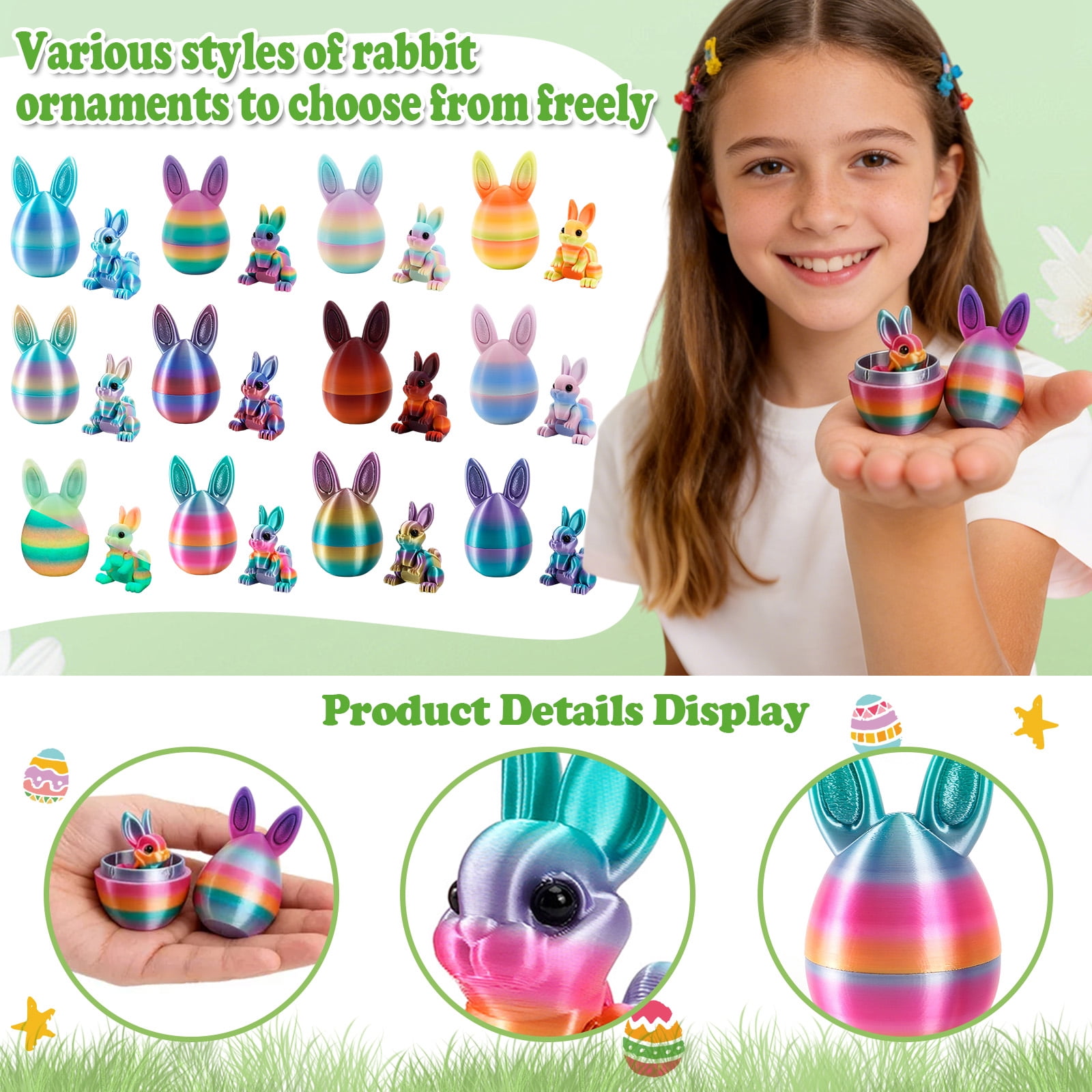 Easter 3D Printed Surprise Eggs with Rabbits Inside, 6-Pack Colorful Bunny Eggs for Easter Egg Hunts, Spring Decor, Kids Party Favors, Classroom Activities