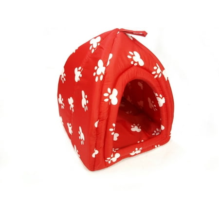 Igloo Dog House Pad - PLUSH PET TENT BED House Igloo Design Red White Paw Prints Dog Cat Ferret Puppy