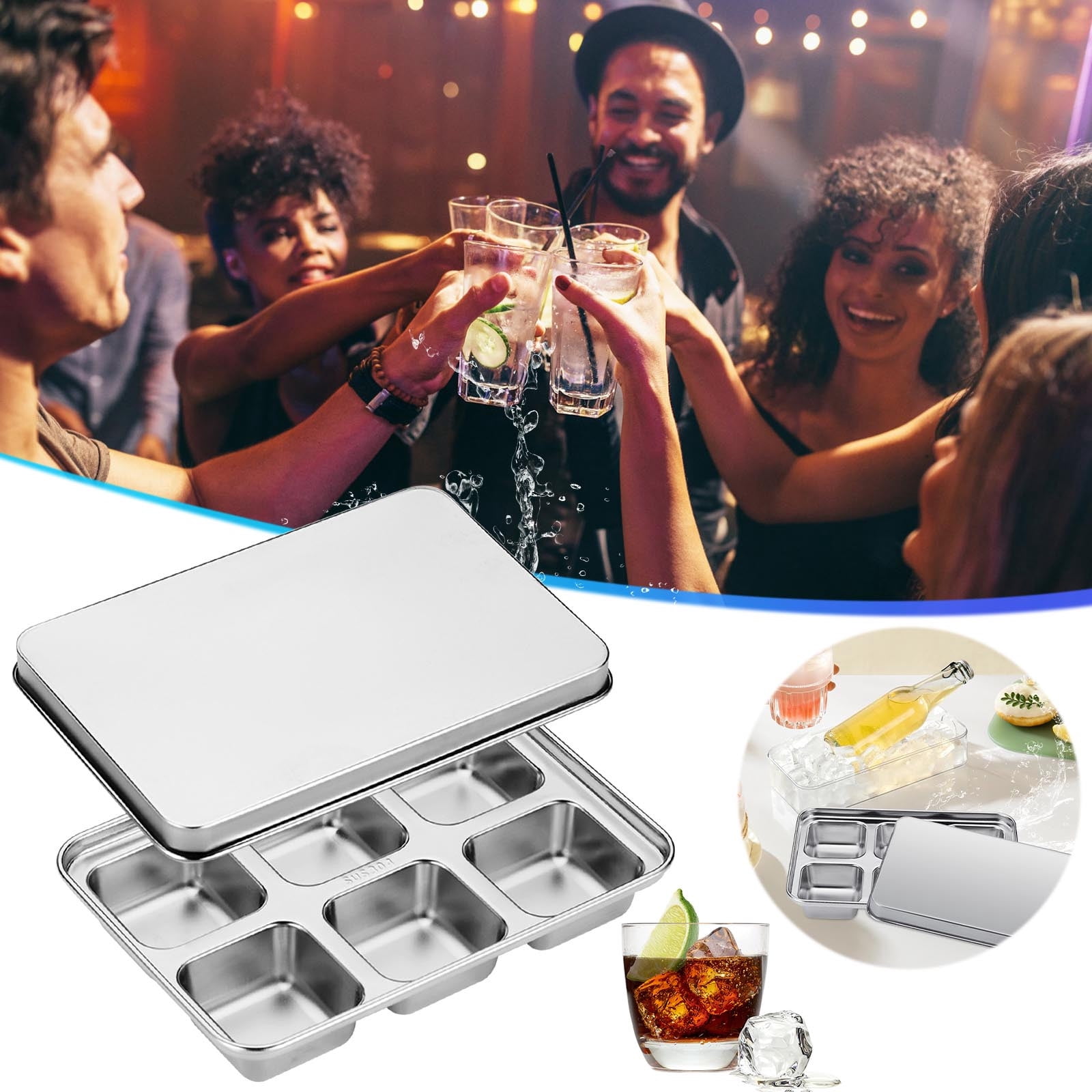 Stainless Steel Tray with Lid, Easy Release Metal Ice Mold for Freezer, 6-Grid Durable Maker for Whiskey Cocktails Beverages Kitchen Home Use