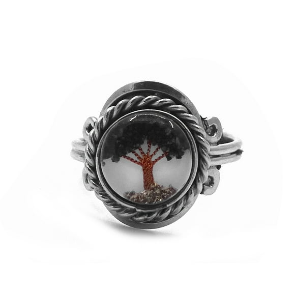 Tree of Life Mini Round Acrylic Chip Stone Inlay Silver Metal Rope Edge Adjustable Ring - Womens Fashion Handmade Jewelry Boho Accessories