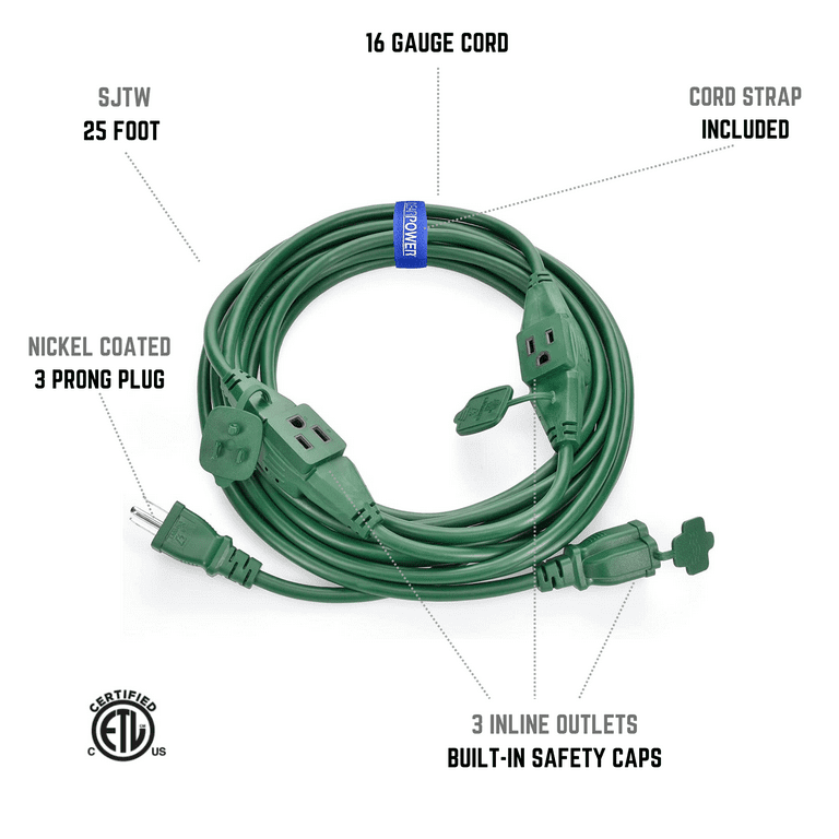 Clear Power 25ft 163 SJTW Green Landscape Extension Cord W3 Inline Outlets Outlet Covers, Cp10225
