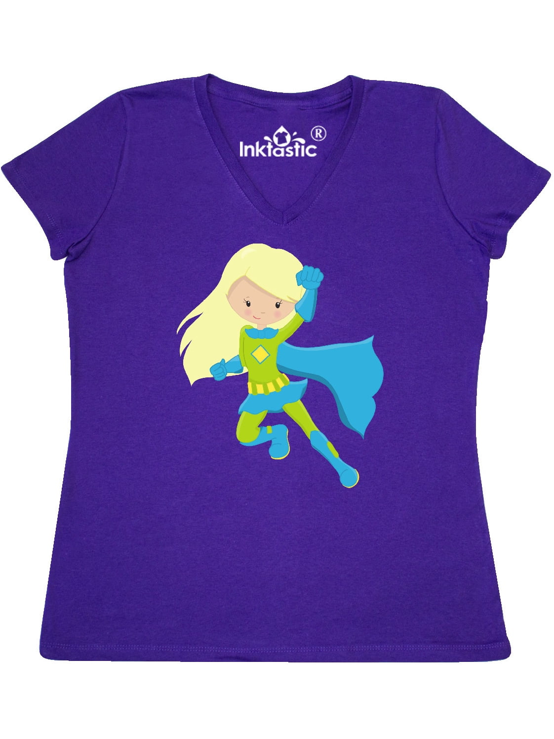 Inktastic Superhero Girl, Blonde Hair, Blue Cape, Blue Boots Women's V-Neck  T-Shirt - Walmart.com