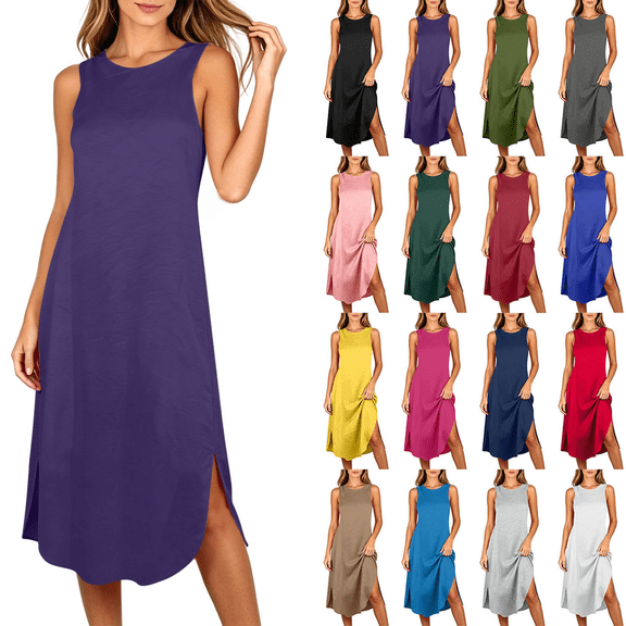 Dvprdro Womens Summer Sleepwear Dress Crewneck Sleeveless Side Slit Loose Fit Solid Midi