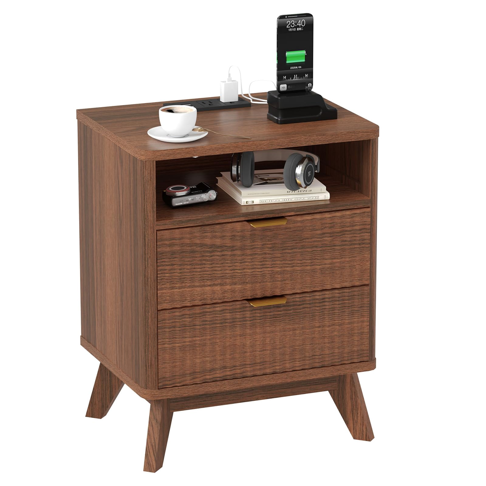 KOKEBREN Modern Nightstand with USB Charging Station - Wood Fluted Bedside Table with 2 Drawers & Open Shelf,Walnut Wood Color
