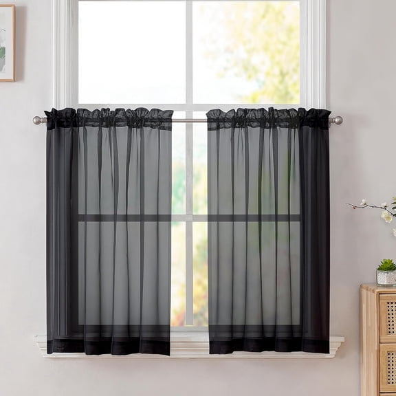 AUQ Black Sheer Kitchen Cafe Curtains - 36X36 Inch, 2 Paneled Tier Curtain Rod Pocket Sheers for Bathrooms, Small Windows, 2 Paneled Sheer Cafe Curtains