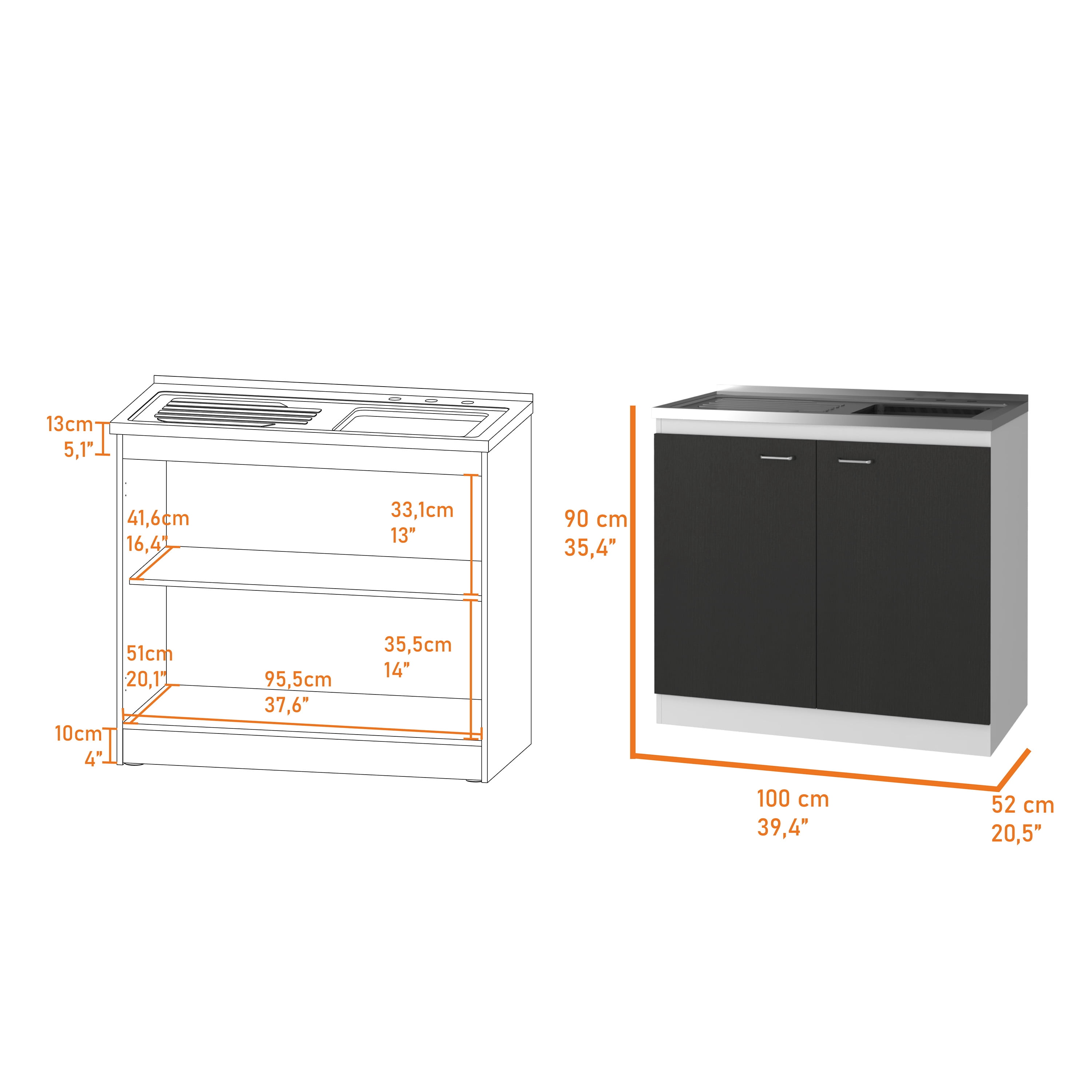 Miekor Furniture Oklahoma Utility Sink, Double Door Cabinet, Stainless Steel Countertop 0033