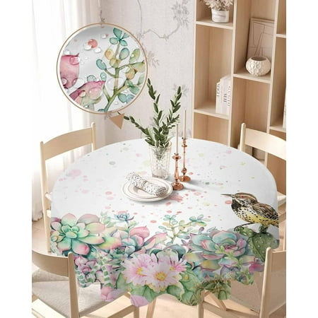 

Round Tablecloth 60 Inch Cactus Succulents Table Cloth Oil Spill Proof Waterproof Tablecloth Protector Bird Butterfly Tropical Plants Round Table Cover for Dinner Party Picnic Decor Indoor Outdoor