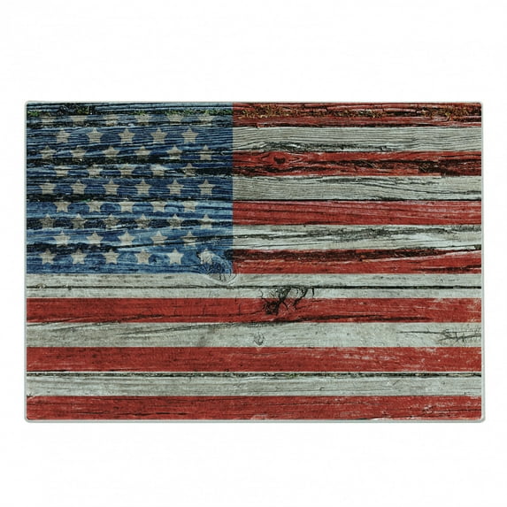 USA Cutting Board, Fourth of July Independence Day Painted Wooden Panel Wall Looking Image Freedom, Decorative Tempered Glass Cutting and Serving Board, Small Size, Blue Red Beige, by Ambesonne