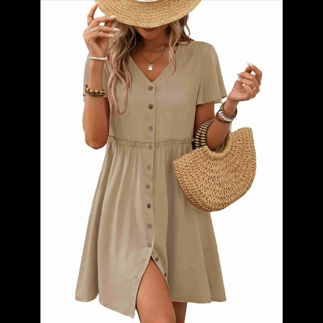 Vestido Bohemio de Fiesta para Mujer, de Corta, con Botones y Cuello en V, con Bolsillos, Color Albaricoque M