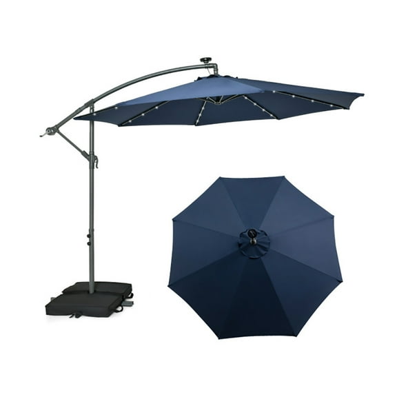 Resenkos 10 Feet Cantilever Umbrella with 32 LED Lights and Solar Panel Batteries-Navy, Patio Offset Umbrella with Easy Tilt Adjustment, Outdoor Hanging Umbrella, Sunshade Umbrella Canopy