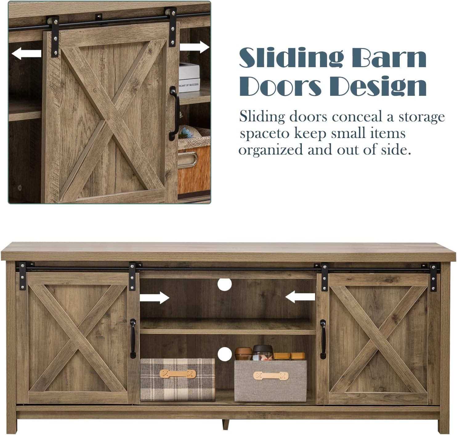 Reliancer Farmhouse TV Stand for TVs up to 65”, with Sliding Barn Doors, Light Grey