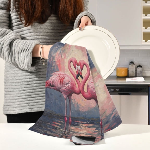 BZSMCE Kitchen Towels Creative Flamingos Fall in Love Pattern Pattern Durable Kitchen Towel