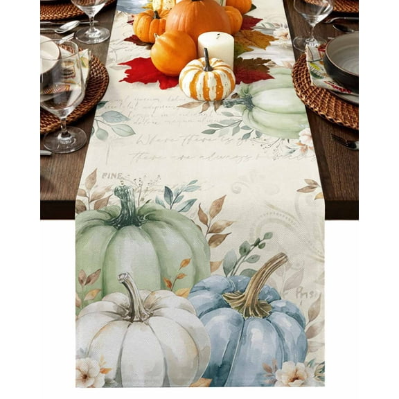Fall Table Runner Thanksgiving Sage Green Blue Pumpkin Table Runners Eucalyptus Leaves Flowers Beige Cotton Linen Dresser Scarf Kitchen Dining Table Decor for Fall Holiday Party Decor 13x90 Inch