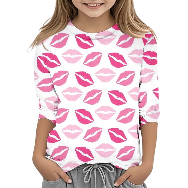 WEIYLL T-Shirts Filles Imprimé Lèvres Fonctionnel Col Rond Manches 3/4 Décontracté Blanc Vêtements Enfants 13-14 Ans