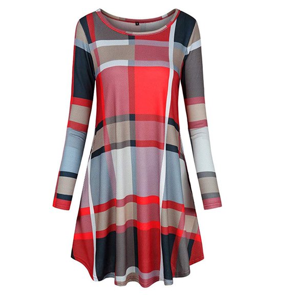 2025 Clearance under $5 asdoklhq Womens Plus Size Clearance Dresses,Women's Long Sleeve O-Neck Plaid Color Block Casual Loose Fit Tunic Dress