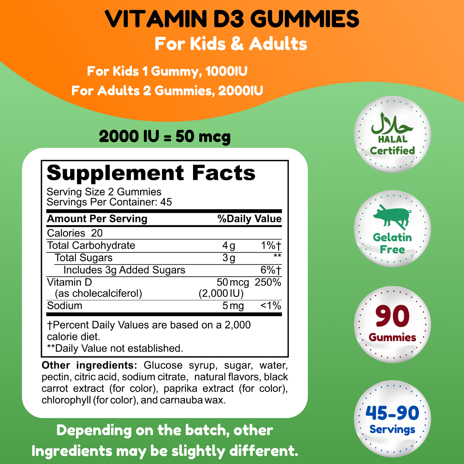 Halal Vitamin D3 Gummies 2000 IU | 90 Gummies, 45 Servings | Vegetarian, Non-GMO, Gluten-Free, Gelatin-Free, Dairy-Free | Support For Bones, Muscles & Immune System | SHIFAA NUTRITION