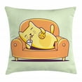 thumbnail image 1 of Cookie Throw Pillow Cushion Cover, Kitten Character Laying Down on a Couch Sipping Milk, Decorative Square Accent Pillow Case, 20" X 20", Mustard Pale Orange Pastel Green and Plum, by Ambesonne, 1 of 2