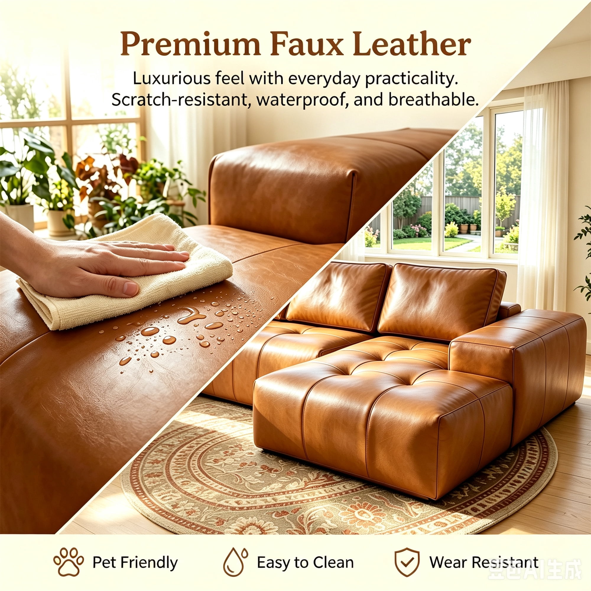 Aukfa 115" Leather Cloud Sectional Sofa Oversized Boneless Couch Modular L-Shaped Sofa for Living Room, Right Chaise, Brown