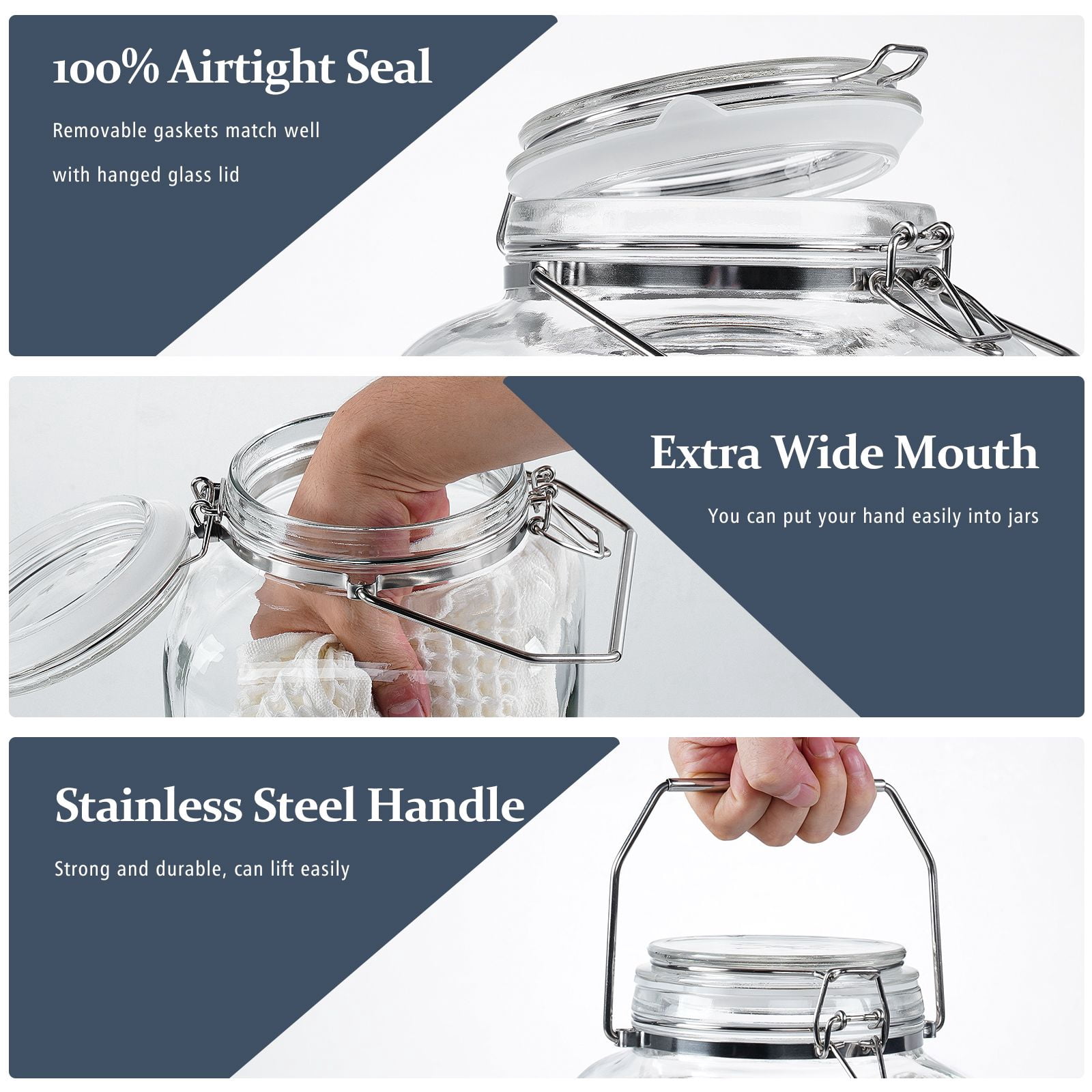 Syntic 2 Gal Airtight Glass Jars with Lids Food Storage Canister for Kitchen & Pantry Organization Square Mason Jar Containers for Flour, Cereal 256 oz Clear