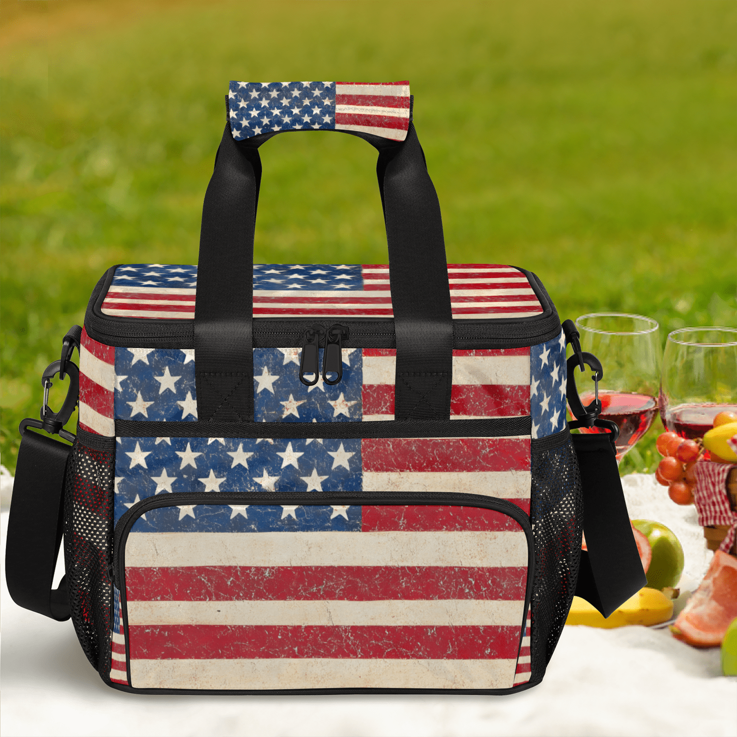 Herdesigns American Usa Flag Large Insulated Lunch Box for Adults Women Men with Adjustable Shoulder Strap, 4th July Independence Day Reusable Cooler Lunch Bag for Offices Picnic Hiking Beach