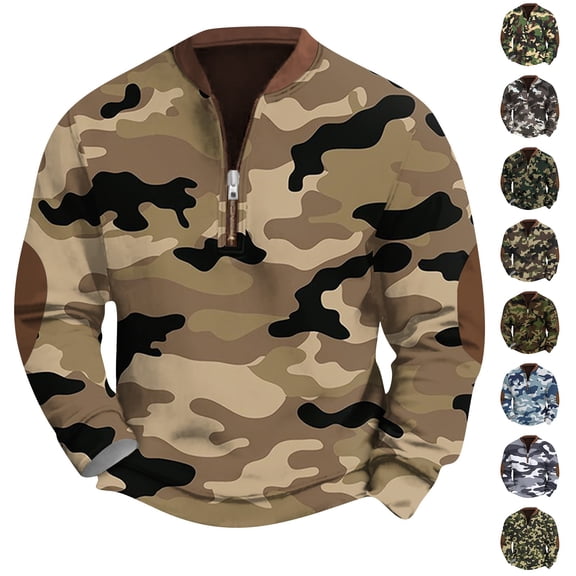 Men's Fashion Casual Half Zip Camouflage Sweatshirt, Loose Fit Long Sleeve Hoodie, Military Style Streetwear for Outdoor, Christmas, Fall Winter, Hiking and Camp,Army Green,L