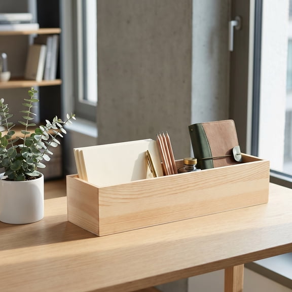 HONMEET 1Pcs Rectangle Unfinished Wood Boxes for Home Organization Crafts Storage Box Khaki 15.7x3.9x3.1in