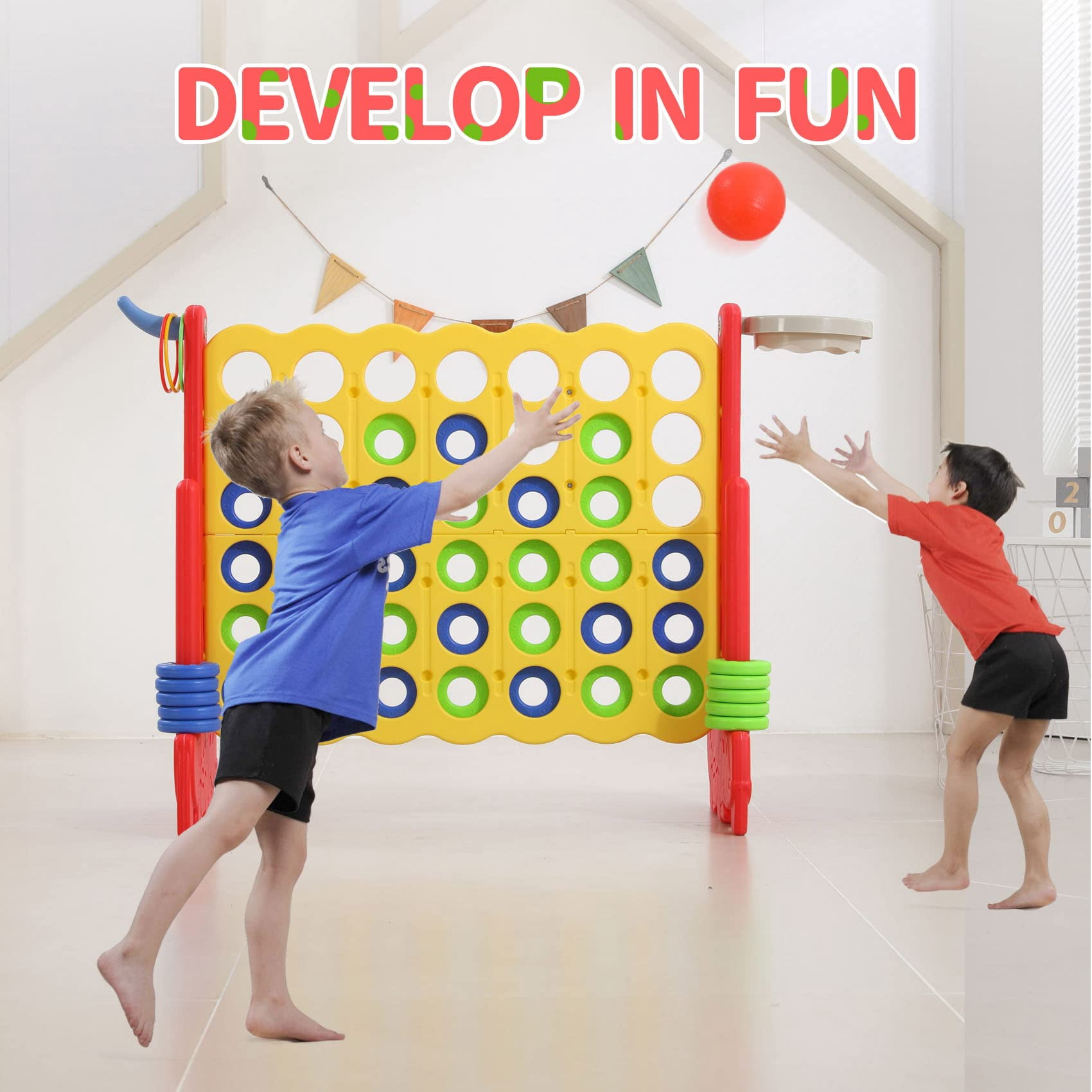 UNICOO® 3-in-1 Giant 4 in a Row Game for Outdoor & Indoor Fun! Featuring Basketball Hoop, Ring Toss Game & 4-to-Score Game. Perfect for Kids, Adults & Parties with Carrying Bag (Yellow + Red)