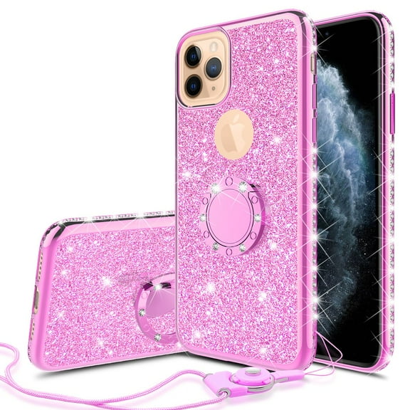 Apple iPhone 11 Pro Max Case Bling Rhinestone, Hot Pink Clear Glitter Cute Phone Case Girls Ring Kickstand