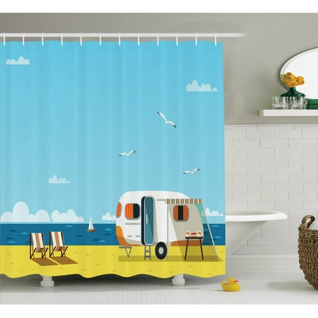 Cloud 9 Bar Long Beach Seaside Decor Illustration Of Summertime Caravan Coastline Clouds Seagulls Scenery Print, Bathroom Accessories, 69W X 84L Inches Extra Long, By Ambesonne ()
