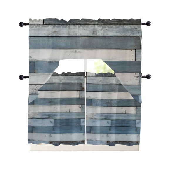 Vintage Blue Farmhouse Kitchen Curtains Sets 24 Inch Length with Valance, Retro Wooden Country Swag Valances and Tiers Curtain Set Drapes Swag Curtains for Living Room, Bathroom, Bedroom, Cafe
