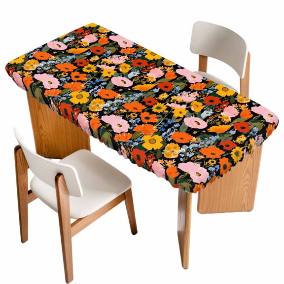 Watercolor Poppy Table Cloths for 6 Foot Rectangle Tables, Spring Floral Daisy Tulips Botanical Vintage Patio Waterproof Elastic Fitted Tablecloths, Washable Rectangular Table Cover for Camping