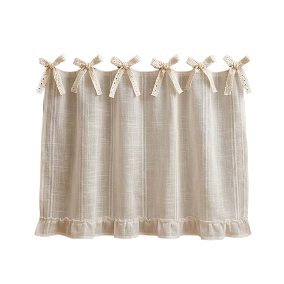 Linen Striped Half Curtain with Bow Tie, Cabinet Cover Curtain for Kitchen Oven, Country Style Door Curtain for Homestay Pantry Use