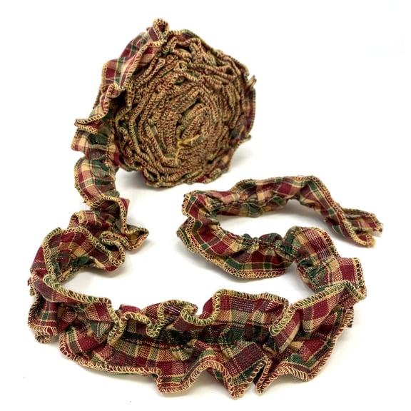 JCS Vintage Christmas Ruffled Homespun Cotton Fabric Plaid Trim/Garland - 2 x 144 inches (12 feet)