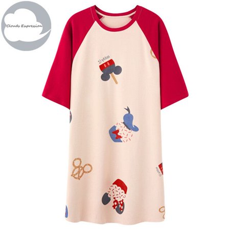 

QWZNDZGR Summer Knitted Cotton Women s Sleep Lounge Dress Big Girls Cartoon Sleepwear Nightgowns Sleepshirts Night Shirts Home Fashion