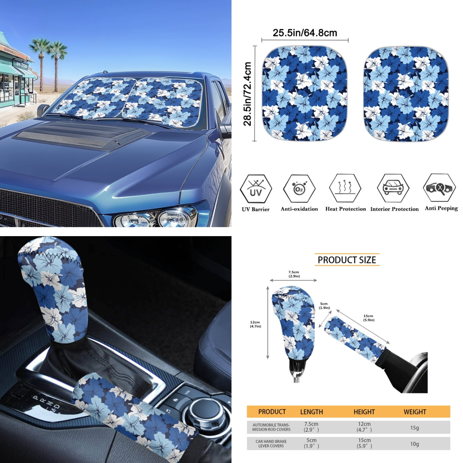 Yuyamidu Blue Hibiscus Car Seat Covers Full Set of 16 Flower Steering Wheel Cover Seatbelt Pads Coasters Sunshade Rear View Mirror Cover Key ChainGear Shift Cover Hand Brake Cover Universal Fit