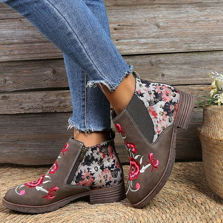 

TALKVE Women s Fashion Casual Roman Short Ankle Boots Heels Embroidery Printing Shoes