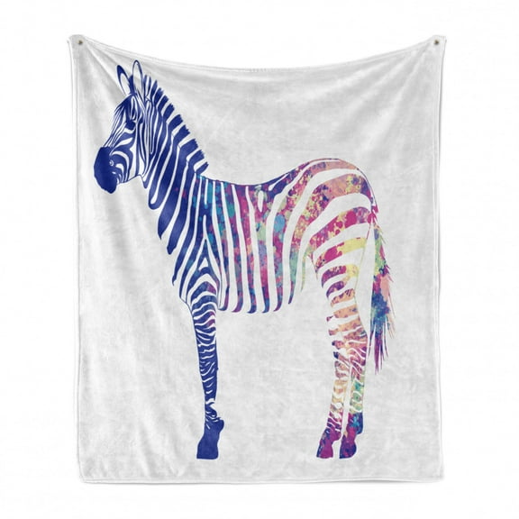 Zebra Soft Flannel Fleece Throw Blanket, Animal with Colorful Stripes with Watercolor Paint Blemishes, Cozy Plush for Indoor and Outdoor Use, 60" x 80", Persian Blue Multicolor, by Ambesonne