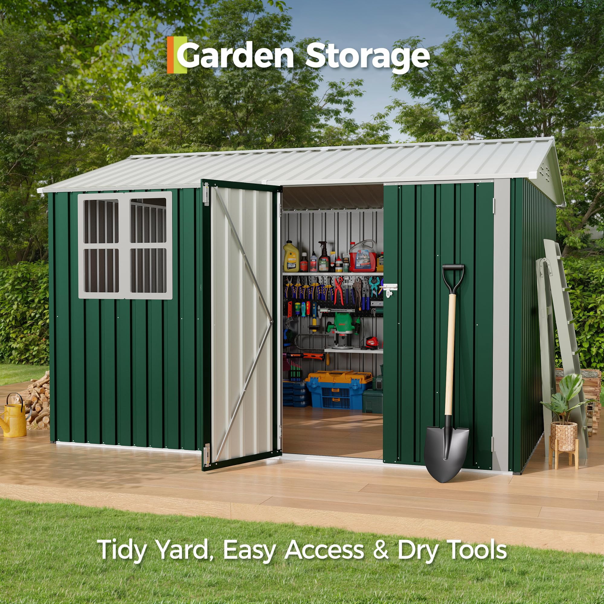 8x10 FT Outdoor Storage Shed,450CU.T Metal Tool Shed with Clear Window, Lockable Doors,Large Garden Storage Box with Sloping Roof，Sheds&Outdoor Storage for Backyard Garden Patio Lawn, Green