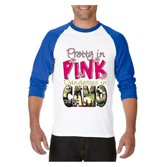 Mens Raglan Sleeve Baseball T-Shirts - Pretty in Pink Dangerous in Camo