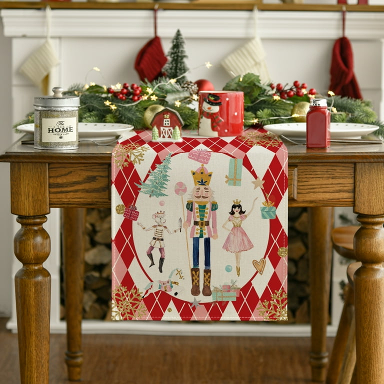Christmas Nutcracker Linen Table Runner Winter Xmas Holiday Home Party