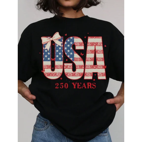 USA 250 Years Patriotic T-Shirt American Flag Stars and Stripes Floral Bow Graphic Tee