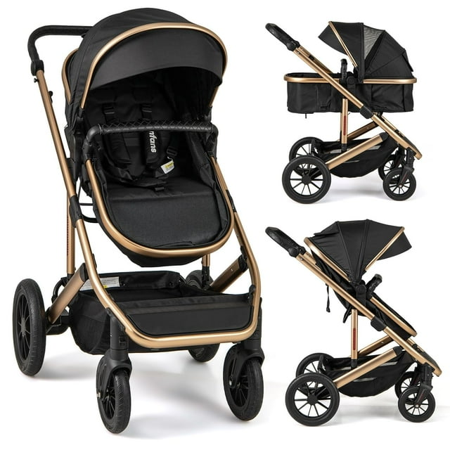 INFANS 2 in 1 Baby Stroller, Folding Newborn Pram Convertible Stroller Bassinet for Infant Foldable High Landscape Shock Absorption with Reversible Seat Aluminum Structure for Pushchair